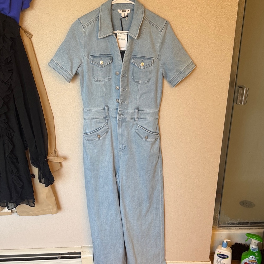 PAIGE Light Wash Denim Short-Sleeve Jumpsuit